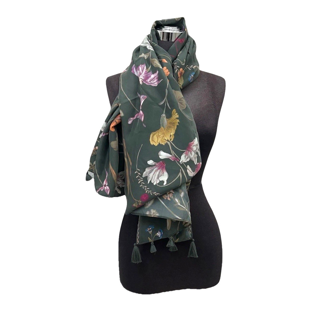 Treasure & Bond Nordstrom Women Shawl Scarf Floral Print 100% Silk Green Satin